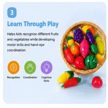 12PCS Children's Cutting Fruit And Vegetable Toy Set, Realistic Kitchen Role Play Toys, Montessori Educational Learning Toys, Role Playing, Develop Fine Motor Skills And Hand-Eye Coordination, Suitable For Boys And Girls 3 Years And Above As Birthday Gift - Multicolor - View 6