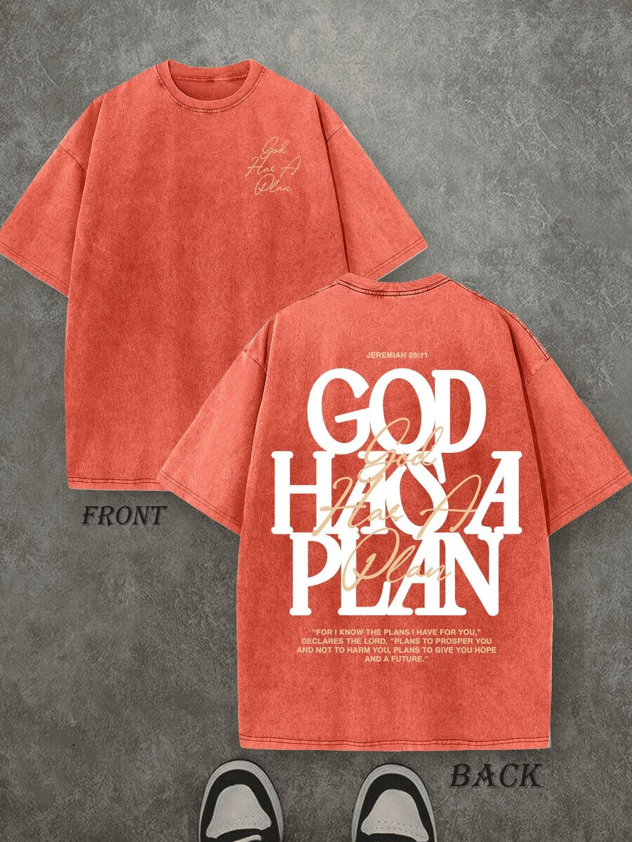 Plus-Size Jesus-Themed T-Shirt - "God Has A Plan" Graphic Tee | Double-Sided Print, Vintage Washed Finish 100% Pure Cotton, 210g Heavyweight FabricTee - 橘色 - 查看 1