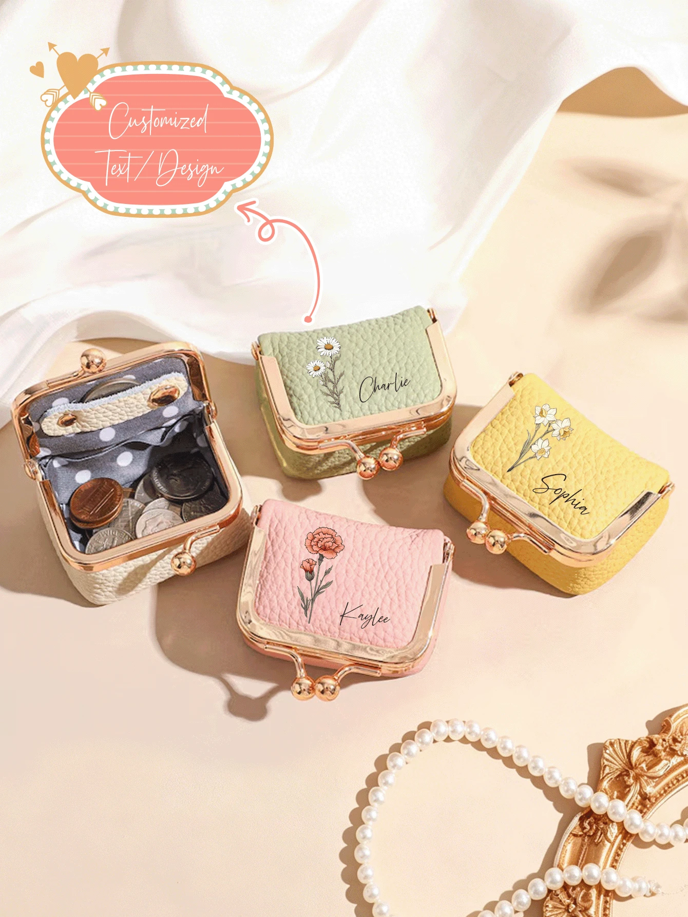 Customized Birthday Flower Mini Jewelry Box And Coin Purse, Personalized Name Small Travel Storage Box, Custom Vegan Leather Multifunctional Storage, Multi-Purpose Metal Clasp Box, Can Store Rings, Earrings, Necklaces, Coins, Cash, Cards, And Mini Lipstick, Cute Compact Commemorative Bag With Secure Metal Frame - Lock Jewelry Box - View 1