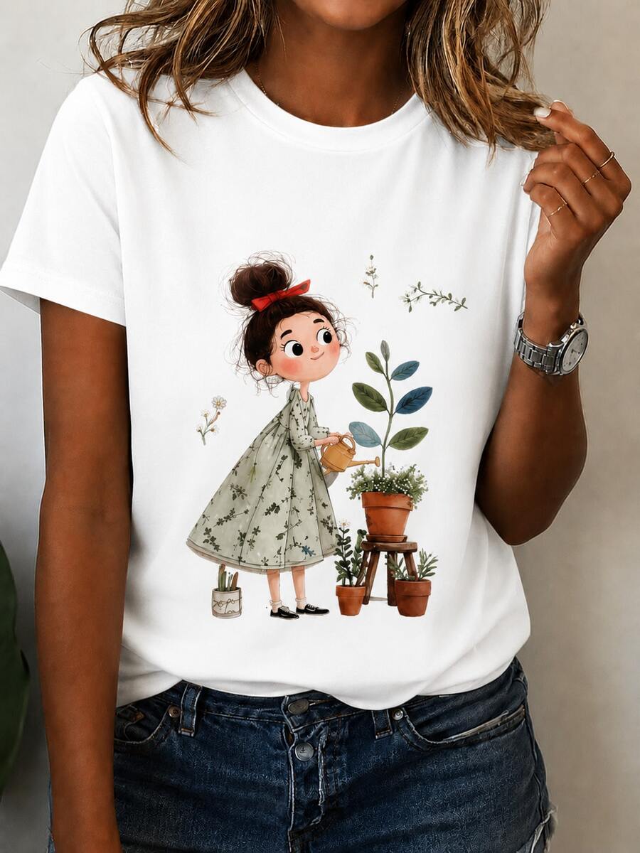 Women's Casual Black T-Shirt With Cute Gardener Girl Print | Sweet Urban Style - 白色 - 查看 1