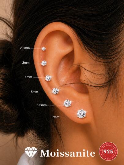 1pc 925 Sterling Silver Rhodium Plated Moissanite 3-Prong Classic Stud Earrings, 2.5mm-7mm 0.06ct-1.2ct, 1.2*6mm Bar, Elegant Design, Silver Color, Low Allergy, Suitable For Women & Girls Daily Wear, Wedding Season Party Gift