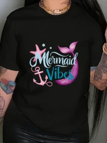 Pink Mermaid Tail Accompanied By A Starfish And An Anchor Symbolizing Ocean Freedom, Feminine Energy And Connection With Nature. Modern Casual Women's T-Shirt - 黑色 - 查看 6