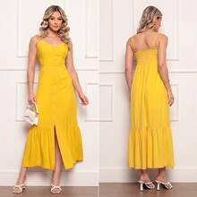 Elegant Women's Long Dress In Viscose Linen With Built-In Bra, Lining, Adjustable Straps And Front Buttons - Yellow - View 6