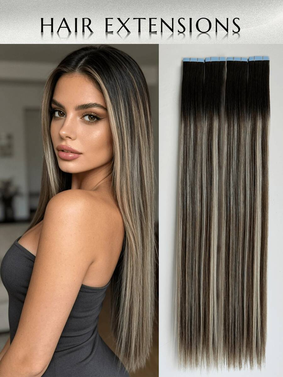WaveTrip 10pcs Women'S Mini Tape-In Hair Extensions, 24 Inch Straight Hair Kanekalon Synthetic Hair Extensions, Not Fading, Seamless & Invisible For All Hair Types 10Pcs/Pack 35g - Multicolor - View 1