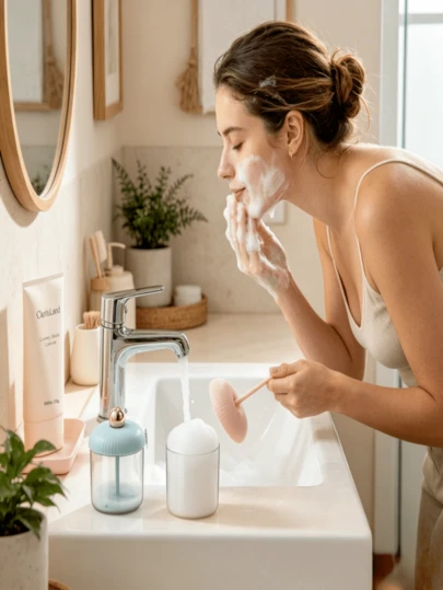 1 máy tạo bọt rửa mặt cầm tay, cốc tạo bọt dạng nhấn để rửa mặt, dụng cụ làm sạch da tại nhà và khi đi du lịch.