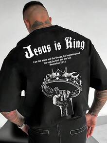 Men's Cotton Graphic Tee, Oversized "Jesus Is King" Gothic Letter Print Short Sleeve T-Shirt, Crew Neck Loose Streetwear Top, Soft Breathable Fabric, Religious Crown Slogan Graphic Design, Y2K Style, Casual Daily Wear, All-Match Basic Tee For Outdoor Street And Summer Casual Wear For Young Men - màu đen - Xem 3