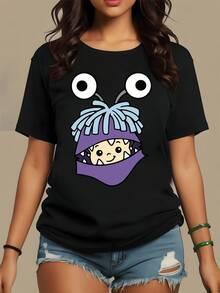 Fun Figure With Big Eyes And A Playful Smile That Evokes Childlike Joy And Positive Energy, Perfect For Adding A Humorous And Modern Touch To Any Occasion. Comfortable And Stylish Casual Women's T-Shirt - 黑色 - 查看 1