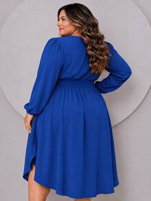 Women's Plus Size Dress With Wrap Neckline, Long Sleeves, Side Slit, Loose Fit, For Parties - Royal Blue - View 4