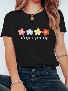 Cinco flores de colores simbolizan alegría optimismo y buenos deseos para cada día recordando mantener una actitud positiva incluso en los momentos difíciles camiseta de mujer cómoda casual moderna y versátil para uso diario - Negro - Ver 1