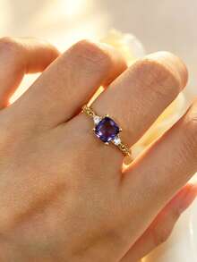 1pc S925 Sterling Silver Romantic Purple Square Zirconia Stone Ring, Elegant Quality Jewelry For Women, Suitable For Daily Wear And Parties, A Gift For Loved Ones - Yellow Gold - View 5