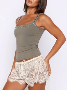 Women's Y2k Punk Ruched Studded Tank Top Rock Square Neck Fitted Tops Streetwear Going Out Grunge Tops - Light Green - View 3