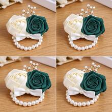 4pcs Elegant Ivory & Dark Green Rose, Korean Style Golden Leaf, Pearl, Bow Elastic Pearl Wrist Corsage, Bridal Bridesmaid Wrist Decor, High-End Wedding Party Prom Valentine's Day Event Wrist Accessory SW280 - Milk + Dark Green - View 11