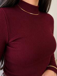 Women's Plush Ribbed Blouse Long Sleeve High Neck Basic Casual Modern Thermic Black S,M,L,XL - 酒紅色 - 查看 2