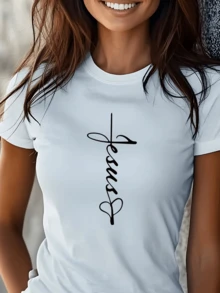 Women's Summer Casual T-Shirt, 1 Piece, 100% Cotton, Loose And Comfortable, Short Sleeve T-Shirt, Casual Women's T-Shirt, Round Neck, Printed Design, Stylish And Fashionable T-Shirt. - 白色 - 查看 1