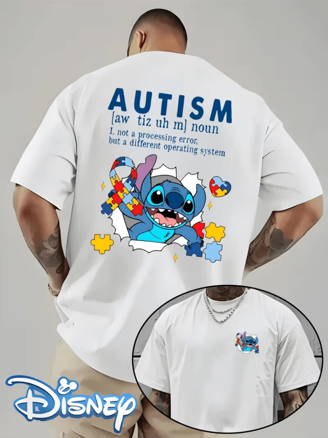 (Disney Licensed T Shirts)Disney Lilo & Stitch Stitch Autism Awareness Graphic Tee Men's Oversized Crew Neck Short Sleeve T-Shirt, Casual Streetwear With Puzzle Ribbon Autism Support Print, Cute Alien Stitch Double-Sided Loose Fit Tee, Mens Clothes, Men, Ropa De Hombre, Summer Clothes, Men Shirts, Graphic Tees, Disney Outfits Men, Graphic Tees, Camisetas Para Hombre, Camisas Para Hombre, Summer Outfits For Men, Father's Day Gift, Perfect Gift For Family And Friends, Which Are Necessary For Birthday Parties, Disney Shirts, Mens Clothes, Summer Clothes, Officially Licensed Disney T-Shirts, Disney Men's And Women's Spring/Summer Fashion Casual Short-Sleeve T-Shirts, Disney Top - trắng - Xem 1