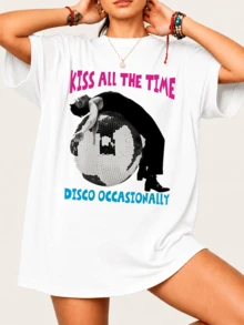 Humorous Disco Ball T-Shirt, Kiss All The Time, Discos Occasionally, 100% Cotton, Unisex - White - View 1
