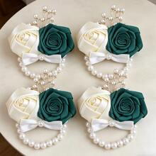 4pcs Elegant Ivory & Dark Green Rose, Korean Style Golden Leaf, Pearl, Bow Elastic Pearl Wrist Corsage, Bridal Bridesmaid Wrist Decor, High-End Wedding Party Prom Valentine's Day Event Wrist Accessory SW280 - Milk + Dark Green - View 3