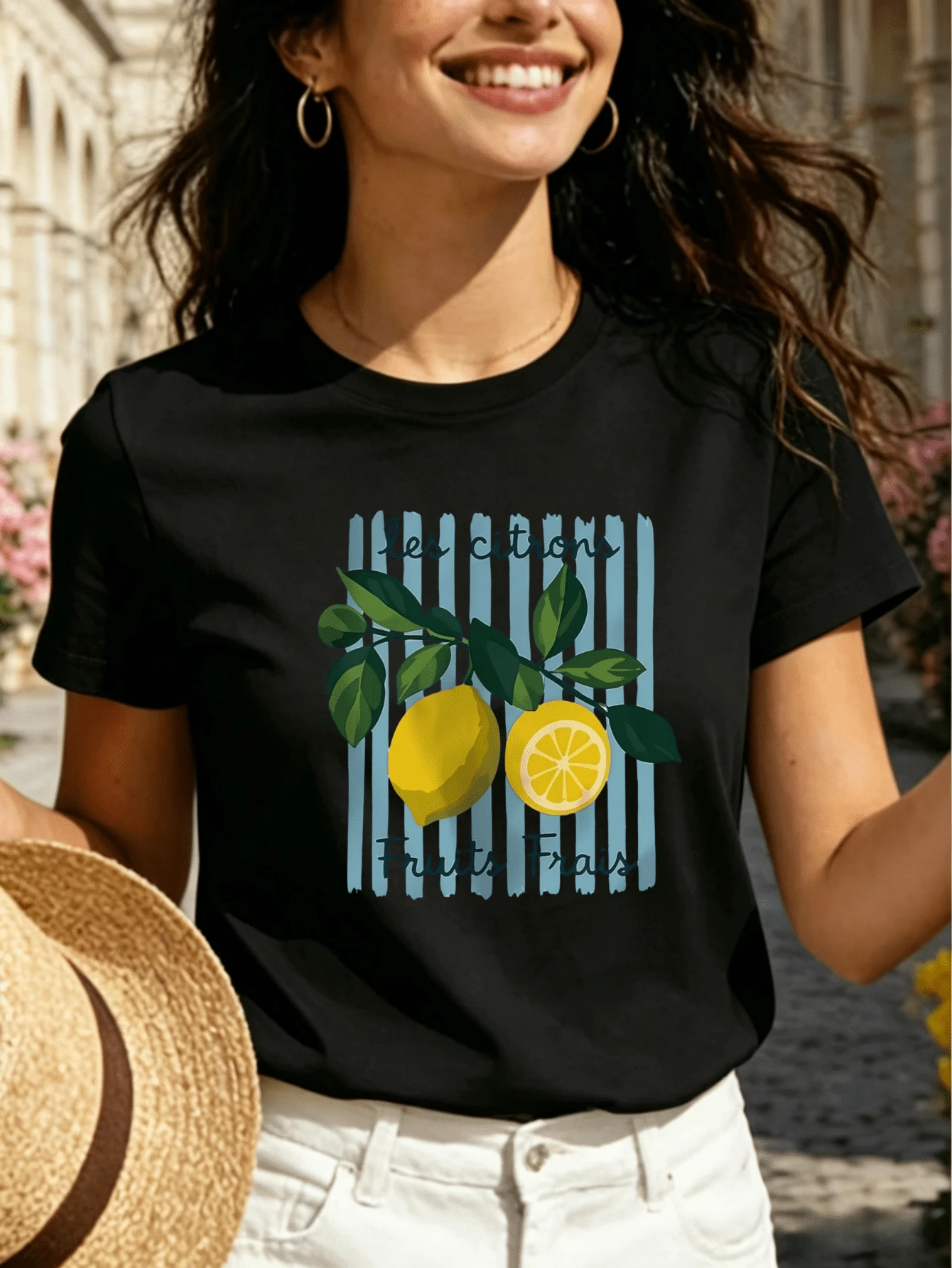 Women's Multicolor Short-Sleeve Crew Neck T-Shirt - Fresh French Style: Lemon Print "Les Citrons" - Versatile Garment Ideal For Holidays - Pure Cotton Basic T-Shirt - French-Themed Lemon Print - Casual And Fashionable Travel T-Shirt - 黑色 - 查看 1