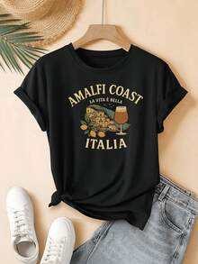 Italian Coastal Landscape With Golden Houses Among Green Hills, Fresh Lemons And A Glass Of Wine Evoking The Calm Of Sunset And The Joy Of Living. Comfortable Casual Women's T-Shirt For Summer - 黑色 - 查看 6