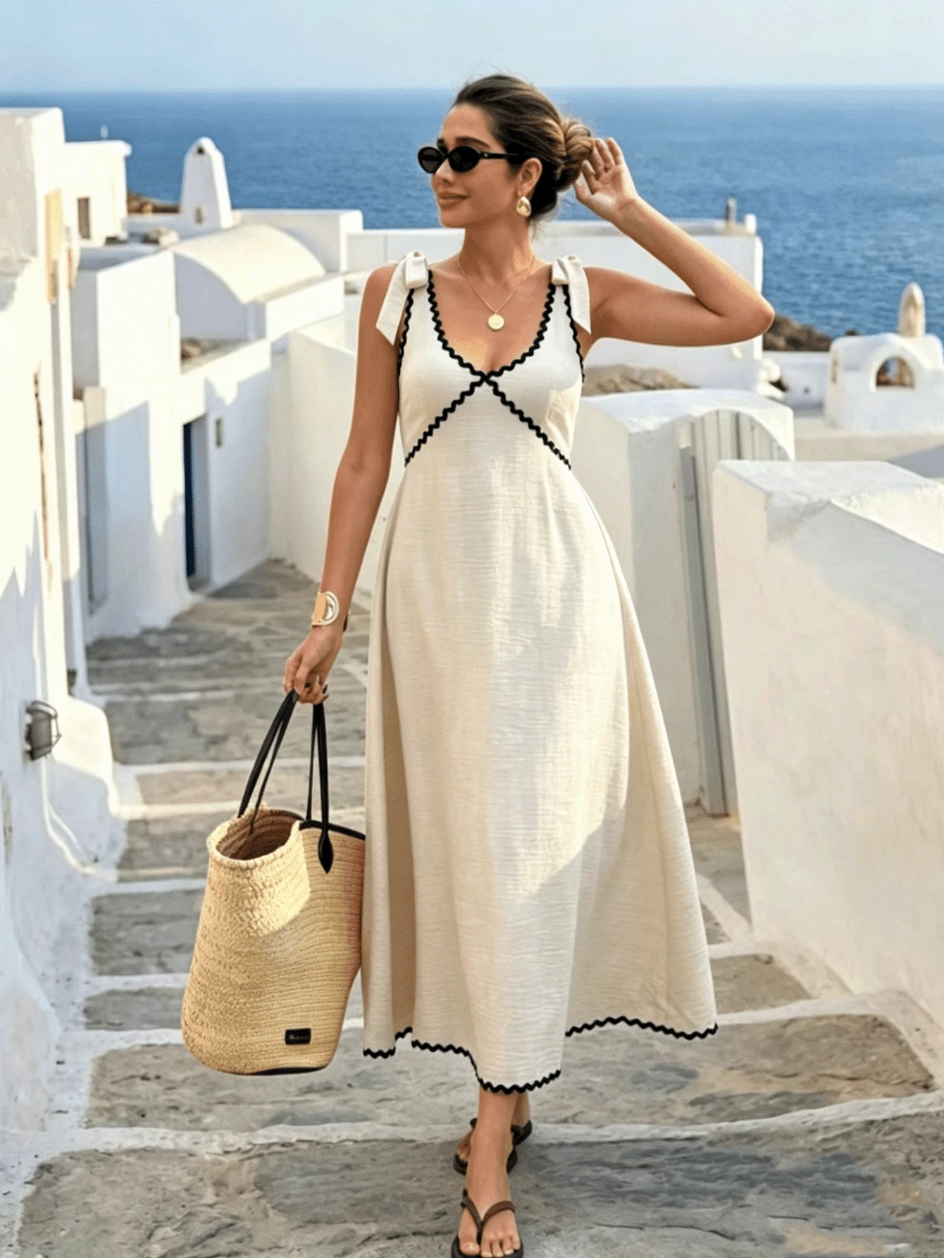 Vestido Maxi de Lino Bohemio 2026, Sin Mangas con Cuello en V y Silueta A, con Adornos Ondulados Negros, Versátil para Vacaciones, Fiestas y Uso Diario - Albaricoque - Ver 1