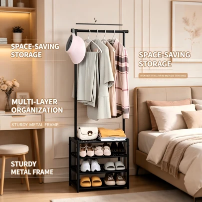 Appendiabiti a stelo con ripiani per scarpe e borse, design compatto per spazi ridotti, dimensioni 51x25,6x150cm