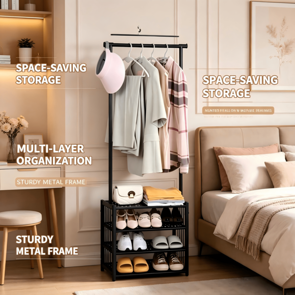 Appendiabiti a stelo con ripiani per scarpe e borse, design compatto per spazi ridotti, dimensioni 51x25,6x150cm