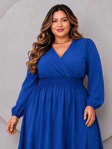 Women's Plus Size Dress With Wrap Neckline, Long Sleeves, Side Slit, Loose Fit, For Parties - Royal Blue - View 3