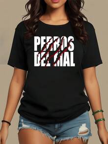 Texto grande con letras blancas y marcas de garras rojas que simbolizan fuerza rebeldía y determinación camiseta de mujer casual moderna para uso diario atractiva y cómoda - Negro - Ver 8