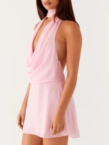 Women Y2K Halter Mini Dress Ruffle Mesh V Neck Going Out Dress Open Back Bodycon Party Dresses Beachwear - Pink - View 2