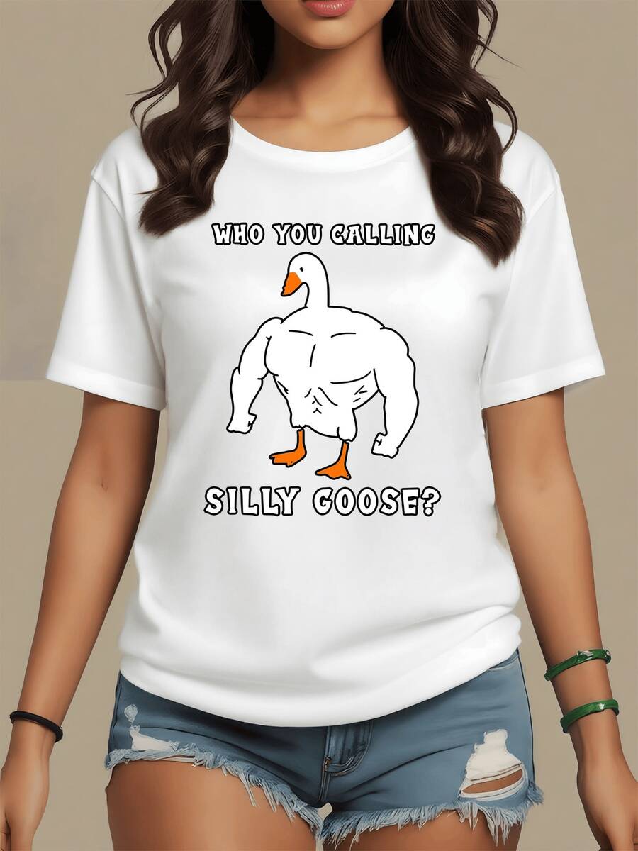 Figura divertida de un ganso fuerte con actitud desafiante que transmite humor y confianza ideal para quienes aman destacar con un toque original en su ropa camiseta de mujer casual para uso diario - Blanco - Ver 1