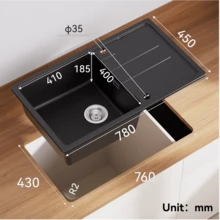 Diese Küchenspüle mit einem Becken (65*45 cm/78*45cm) und Quarzstein-Arbeitsplatte ist einfach zu installieren. Sie verfügt über einen Überlauf mit passendem Überlaufmechanismus. Zwei Armaturenbohrungen sind bereits vorhanden. Das dichte, robuste und form- sowie farbbeständige Material sorgt mit seiner großen Arbeitsfläche und den abgerundeten Ecken für komfortables Waschen, Schneiden und Auftauen. - 78*45 - Übersicht 4
