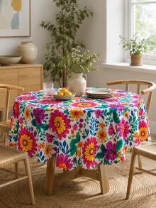 1pc Mexican Floral Print Tablecloth, Colorful Boho Style Lace Trim Tablecloth, Festive Decor Suitable For Dining Room, Kitchen, Indoor & Outdoor - Multicolor - View 4