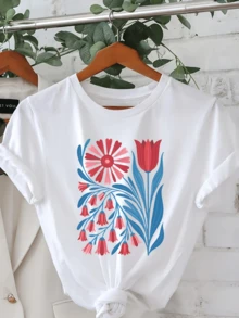 Red And Blue Flowers Symbolizing Vital Energy And Natural Balance Form A Harmonious Whole That Inspires Serenity And Joy. A Modern, Casual, Comfortable Women's T-Shirt For Everyday Wear. - 白色 - 查看 6