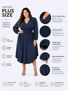 Women's Plus Size Dress With Wrap Neckline, Long Sleeves, Side Slit, Loose Fit, For Parties - Navy Blue - View 2