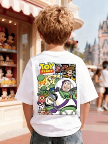Disney's "Toy Story" Woody Cartoon Front And Back Prints, Casual Cotton Short Sleeved Top, Boys And Girls' Birthday Party/Photo Special T-Shirt, Soft Cotton Children's Summer Casual Top, Disney Official Star Baby, Cotton Summer Boys And Girls' Short Sleeved Shirt, Suitable For Daily Wear, Vacation, Outdoor Activities, And Can Also Be Used As A Children's Gift. - trắng - Xem 3