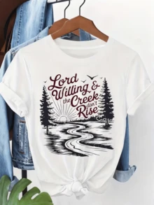 Paisaje con sol naciente río serpenteante y árboles que simbolizan esperanza fortaleza y conexión con la naturaleza camiseta de mujer casual cómoda ideal para uso diario - Blanco - Ver 1
