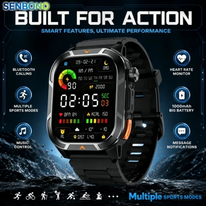  SENBONO New Smart Watch With 1000mAh Large Battery Capacity, Reduces Charging Frequency, 24-Hour Sleep Tracking, Music Control, Camera Control, Phone Finder, DIY Watch Face, Suitable For Men's Outdoor Sports And Women's Business Wear, Ideal Gift
