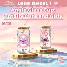 1 pieza Vaso de vidrio de Disney, impreso con un patrón de personaje de ángel lindo, vaso a prueba de fugas durable con pajita, 480ml, en caja con código anti-falsificación - Angie - Ver 1