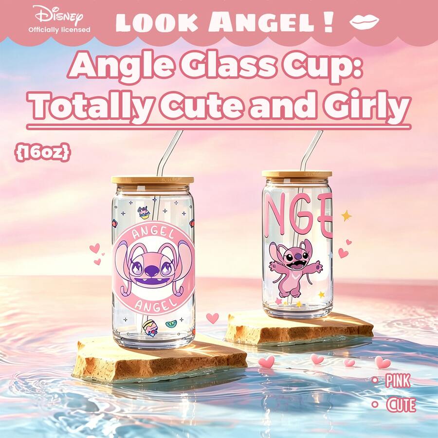 1 pieza Vaso de vidrio de Disney, impreso con un patrón de personaje de ángel lindo, vaso a prueba de fugas durable con pajita, 480ml, en caja con código anti-falsificación - Angie - Ver 1