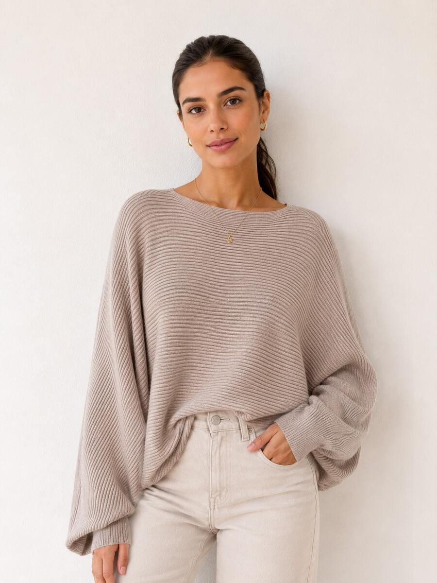 Women's Beige Knit Blouse With Batwing Sleeves, Oversized Ribbed Knit Sweater, Loose Fit, Premium Style - 米色 - 查看 1