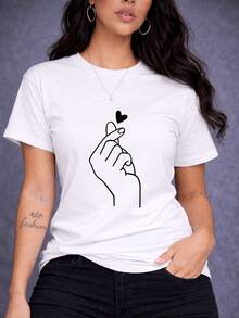 Women's Casual T-Shirt With Korean Heart Print, Short Sleeve, Round Neck, K-Fashion Style, Soft, Minimalist, Modern - White - View 1