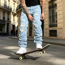 Loose Casual Distressed Washed Denim Jeans, Korean Style - Medium Wash - View 2