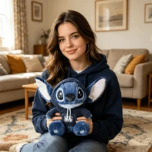 Miniso Stitch 毛絨娃娃 可愛動漫填充玩偶 穿著吊帶褲連帽衛衣聖誕生日禮物 男孩女孩適用 家居房間裝飾配件 抱枕 - 藍色 - 查看 2