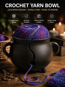 黑色大鍋形鉤針毛線碗附手把，防滑毛線架附線導槽，耐用鉤針編織毛線收納整理盒，多功能DIY縫紉配件適用於鉤針毛線手工藝 - 查看 3
