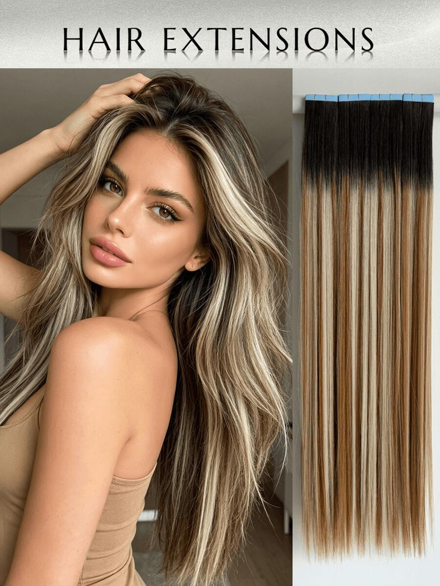 WaveTrip 10pcs Ekstensi Rambut Mini Tape-In Wanita, Ekstensi Rambut Sintetis Kanekalon Lurus 24 Inci, Tidak Pudar, Tanpa Sambungan & Tidak Terlihat Untuk Semua Jenis Rambut 10 Pcs/Paket 35g - MultiWarna - View 1