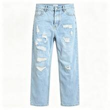 Loose Casual Distressed Washed Denim Jeans, Korean Style - Medium Wash - View 6
