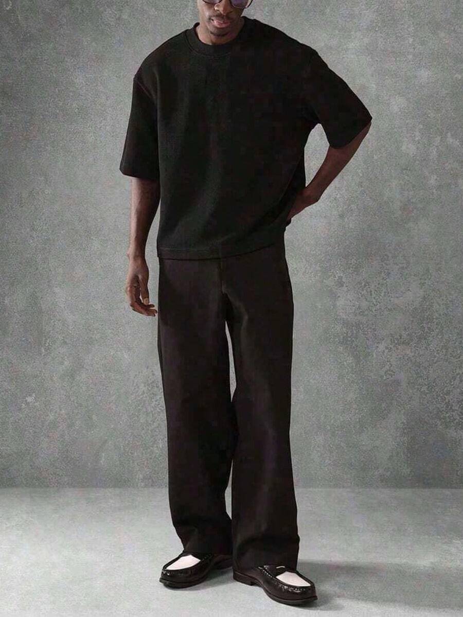 Oversized Boxy Cut Short Sleeve Jersey T Shirt Casual Crop Fit Streetwear Modern Minimalist All Season Essential Top-Vintage Cotton T-Shirt-K88 Unisex - 黑色 - 查看 1