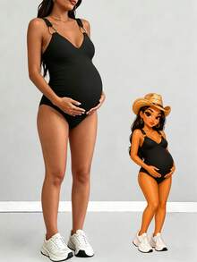 Parara Maternity Sleeveless V-Neck Elastic Bodysuit Black - Black - View 2