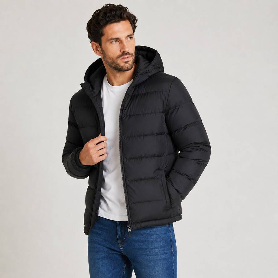 Men's Black Quilted Jacket With Hood And Long Sleeves, Filled With 90% Down. - Negro - Ver 1