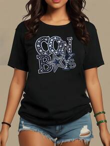 Estrellas brillantes que evocan la fuerza del espíritu libre del oeste con letras decoradas que transmiten energía y carácter moderno camiseta de mujer casual cómoda para uso diario - Negro - Ver 8